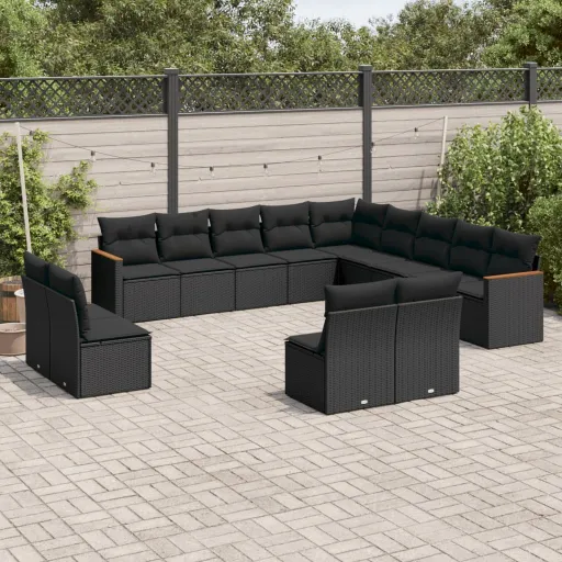 Conjunto de Sofás de Jardim com Almofadões Vime PE Preto (13 pcs)