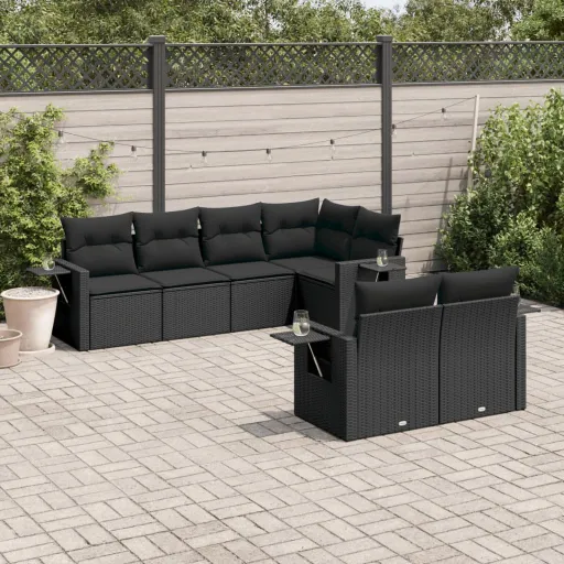 Conjunto de Sofás p/ Jardim c/ Almofadões Vime PE Preto (7 pcs)