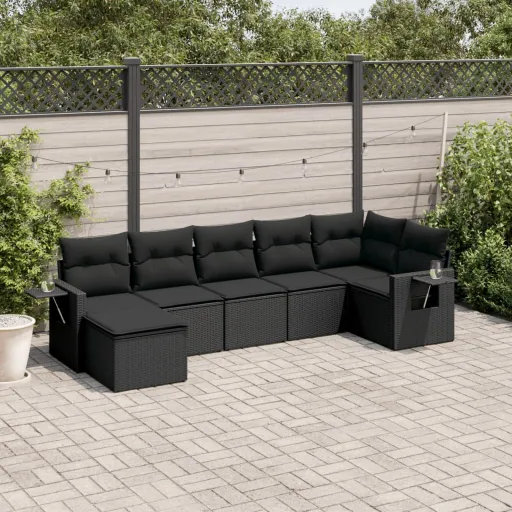 Conjunto de Sofás p/ Jardim c/ Almofadões Vime PE Preto (7 pcs)