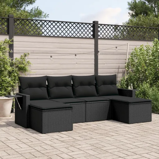 Conjunto Sofás de Jardim c/ Almofadões Vime PE Preto (6 pcs)