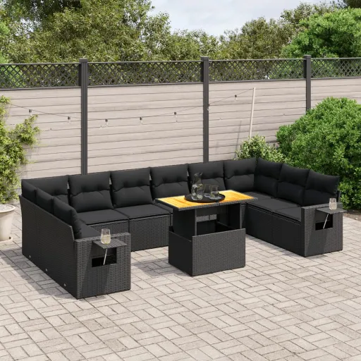 Conjunto Sofás de Jardim c/ Almofadões Vime PE Preto (11 pcs)