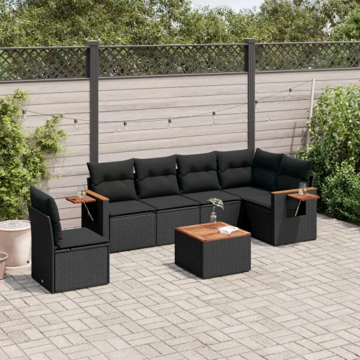 Conjunto de Sofás p/ Jardim c/ Almofadões Vime PE Preto (7 pcs)