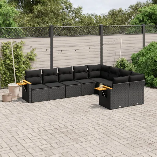 Conjunto de Sofás p/ Jardim c/ Almofadões Vime PE Preto (9 pcs)