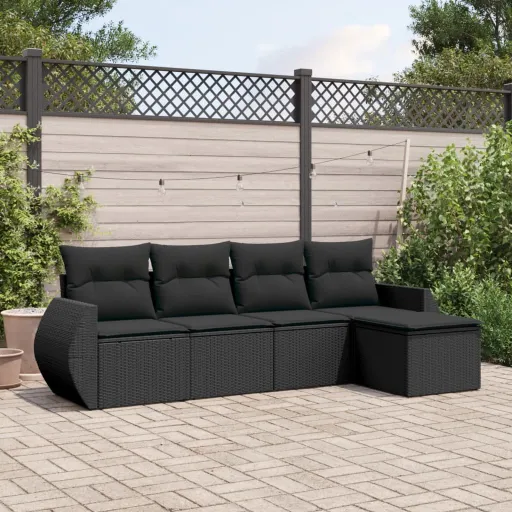 Conjunto Sofás de Jardim com Almofadões Vime PE Preto (5 pcs)