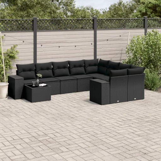 Conjunto Sofás de Jardim c/ Almofadões Vime PE Preto (10 pcs)