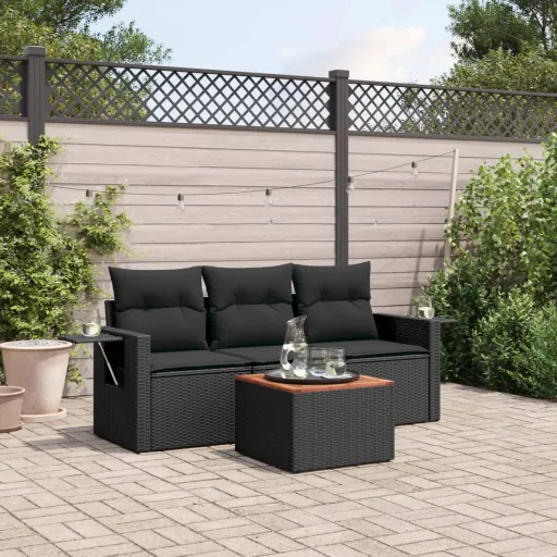 Conjunto de Sofás para Jardim c/ Almofadões Vime PE Preto (4 pcs)