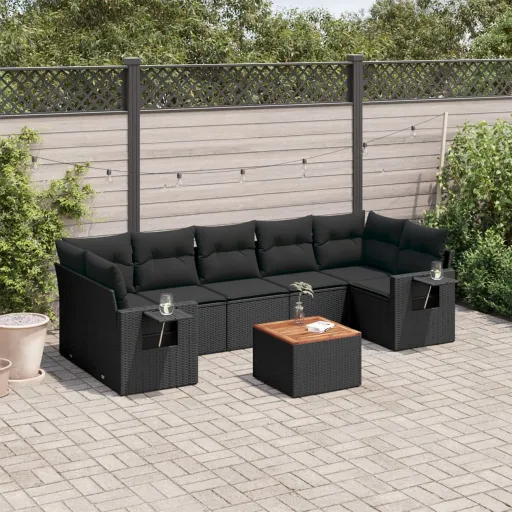 Conjunto Sofás de Jardim com Almofadões Vime PE Preto (8 pcs)