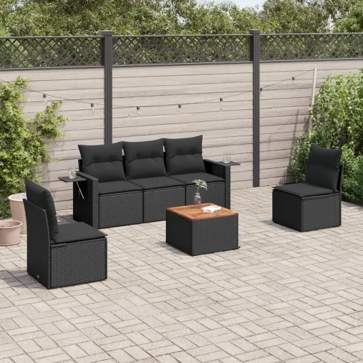 Conjunto Sofás de Jardim c/ Almofadões Vime PE Preto (6 pcs)