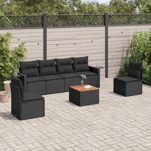 Conjunto de Sofás p/ Jardim c/ Almofadões Vime PE Preto (7 pcs)