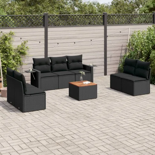 Conjunto Sofás de Jardim com Almofadões Vime PE Preto (8 pcs)