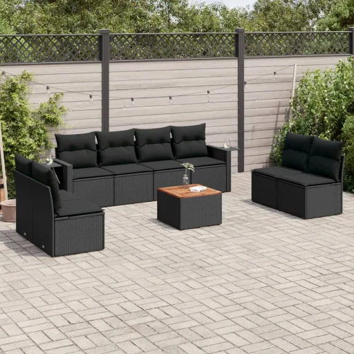 Conjunto de Sofás p/ Jardim c/ Almofadões Vime PE Preto (9 pcs)