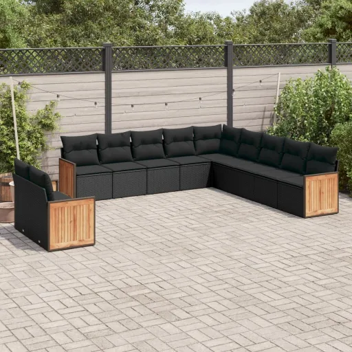 Conjunto Sofás de Jardim c/ Almofadões Vime PE Preto (11 pcs)