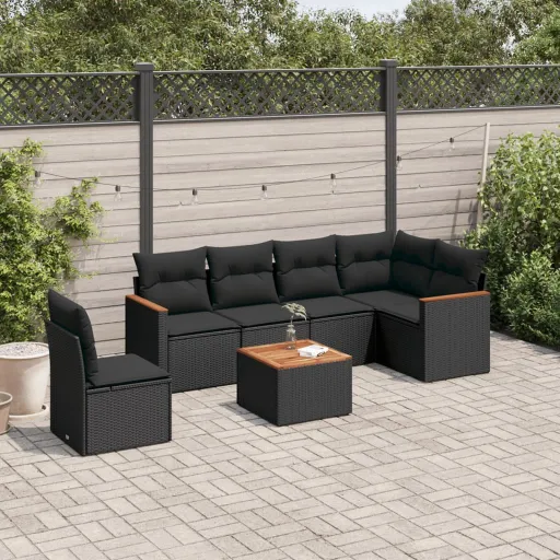 Conjunto de Sofás p/ Jardim c/ Almofadões Vime PE Preto (7 pcs)