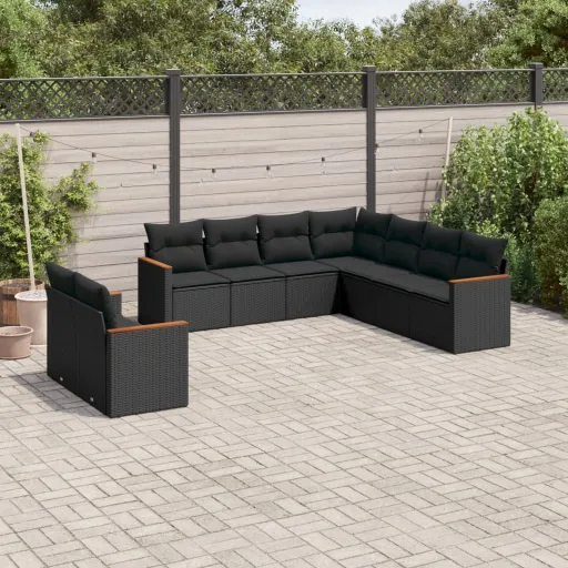 Conjunto de Sofás p/ Jardim c/ Almofadões Vime PE Preto (9 pcs)