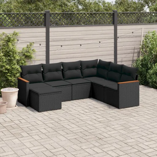 Conjunto de Sofás p/ Jardim c/ Almofadões Vime PE Preto (7 pcs)