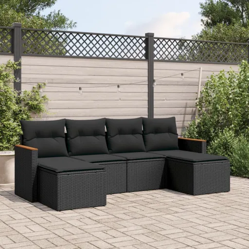 Conjunto Sofás de Jardim c/ Almofadões Vime PE Preto (6 pcs)