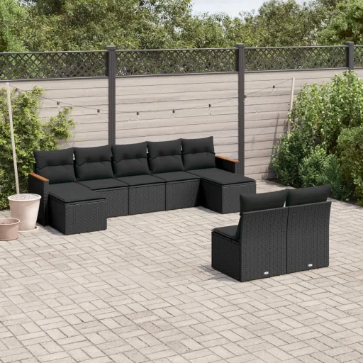 Conjunto de Sofás p/ Jardim c/ Almofadões Vime PE Preto (9 pcs)