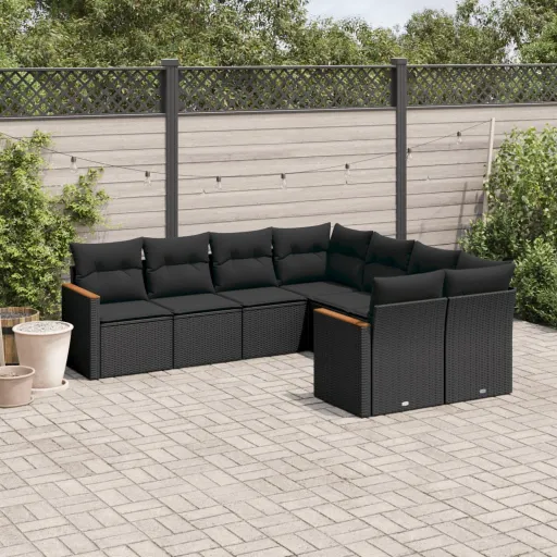 Conjunto Sofás de Jardim com Almofadões Vime PE Preto (8 pcs)