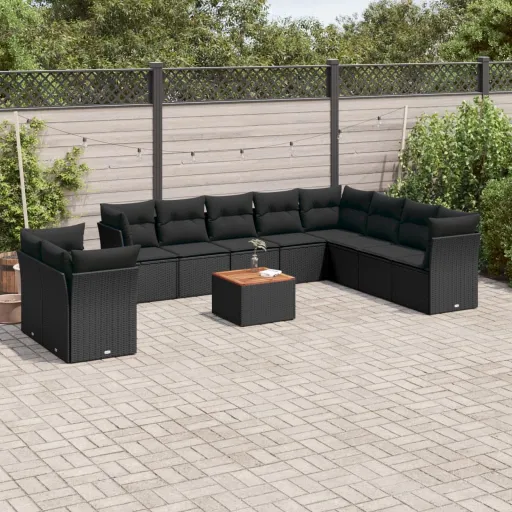 Conjunto Sofás de Jardim c/ Almofadões Vime PE Preto (11 pcs)