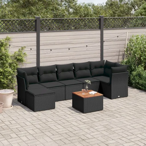 Conjunto Sofás de Jardim com Almofadões Vime PE Preto (8 pcs)