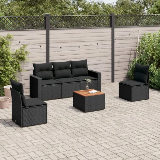 Conjunto Sofás de Jardim c/ Almofadões Vime PE Preto (6 pcs)