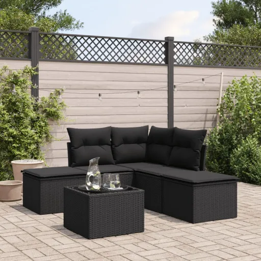 Conjunto Sofás de Jardim c/ Almofadões Vime PE Preto (6 pcs)