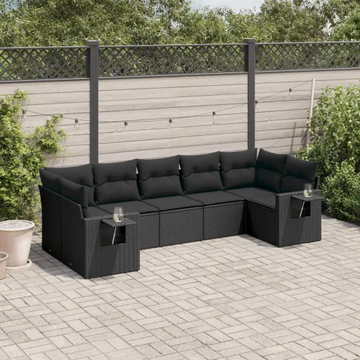 Conjunto de Sofás p/ Jardim c/ Almofadões Vime PE Preto (7 pcs)