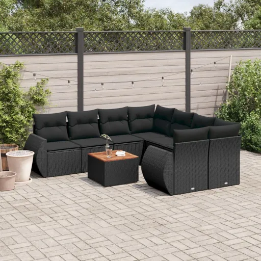 Conjunto de Sofás p/ Jardim c/ Almofadões Vime PE Preto (9 pcs)