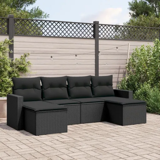 Conjunto Sofás de Jardim c/ Almofadões Vime PE Preto (6 pcs)