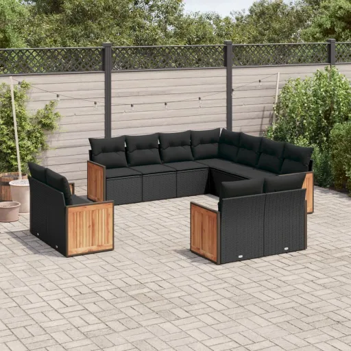 Conjunto Sofás de Jardim c/ Almofadões Vime PE Preto (11 pcs)