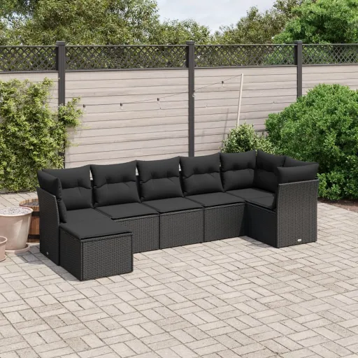 Conjunto de Sofás p/ Jardim c/ Almofadões Vime PE Preto (7 pcs)