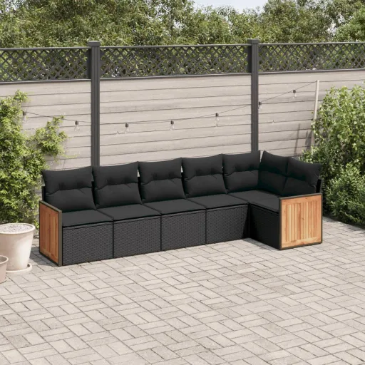 Conjunto Sofás de Jardim c/ Almofadões Vime PE Preto (6 pcs)