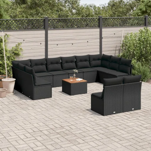 Conjunto de Sofás de Jardim com Almofadões Vime PE Preto (13 pcs)