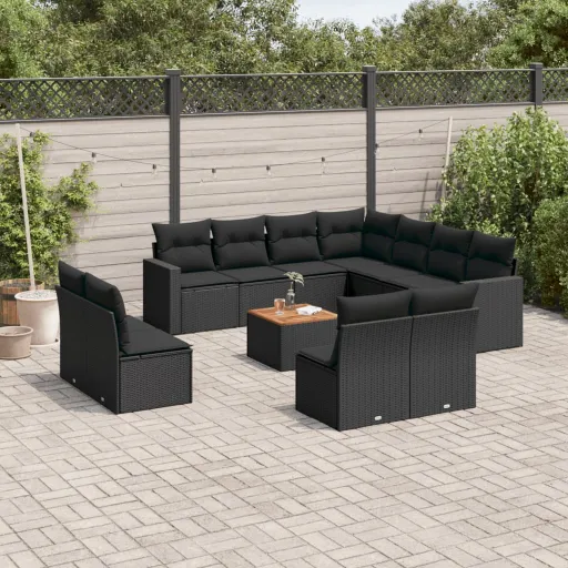 Conjunto de Sofás de Jardim c/ Almofadões Vime PE Preto (12 pcs)