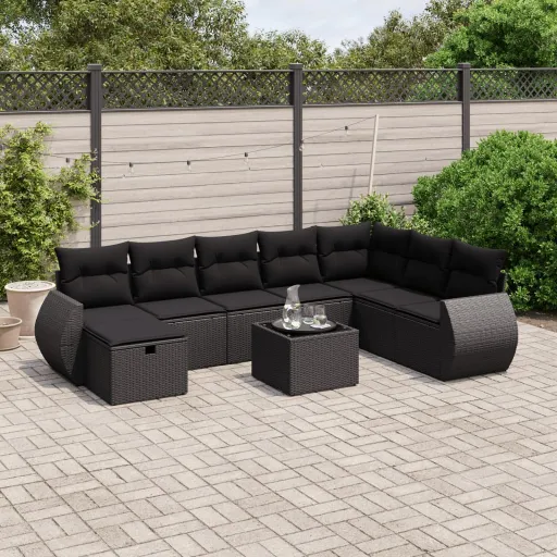 Conjunto de Sofás p/ Jardim c/ Almofadões Vime PE Preto (9 pcs)