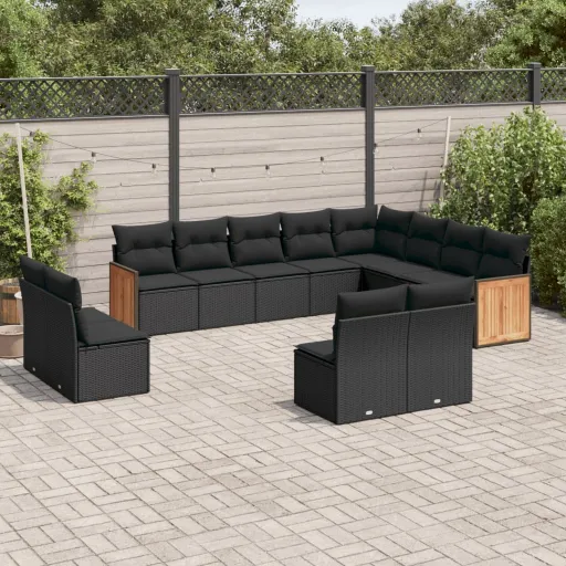 Conjunto de Sofás de Jardim c/ Almofadões Vime PE Preto (12 pcs)