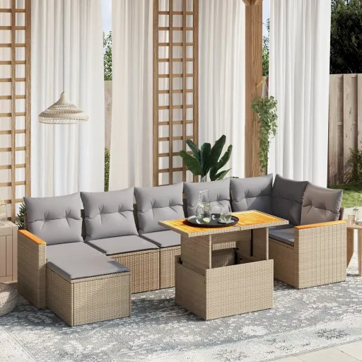 Conjunto de Sofás p/ Jardim com Almofadões Vime PE Bege (8 pcs)