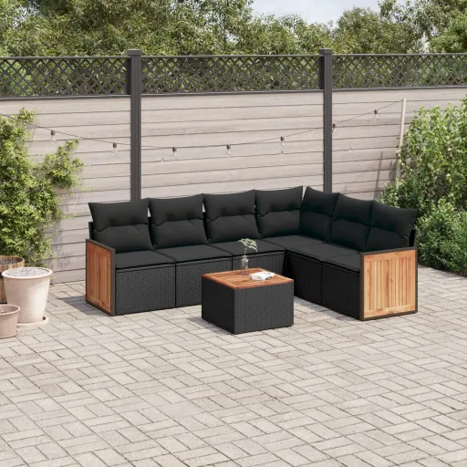 Conjunto de Sofás p/ Jardim c/ Almofadões Vime PE Preto (7 pcs)