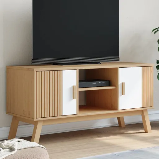 Móvel de TV OLDEN 114x43x57cm Pinho Maciço Branco e Castanho