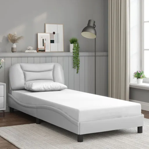 Estrutura de Cama c/ Cabeceira Couro Artificial 90x190cm Branco