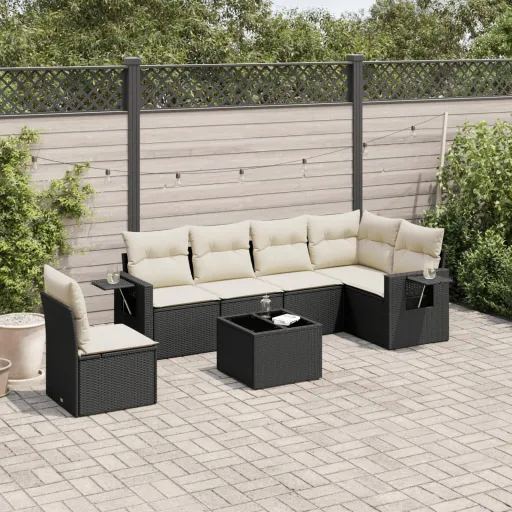 Conjunto de Sofás p/ Jardim c/ Almofadões Vime PE Preto (7 pcs)