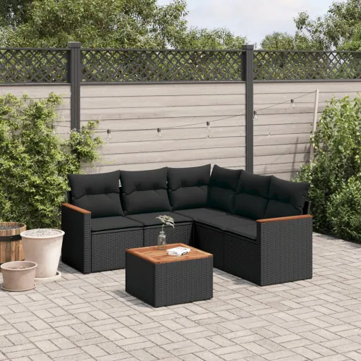 Conjunto Sofás de Jardim c/ Almofadões Vime PE Preto (6 pcs)