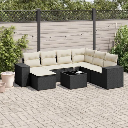 Conjunto Sofás de Jardim com Almofadões Vime PE Preto (8 pcs)