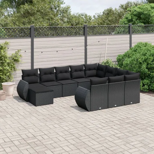 Conjunto Sofás de Jardim c/ Almofadões Vime PE Preto (11 pcs)