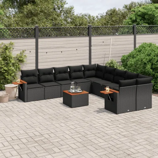 Conjunto Sofás de Jardim c/ Almofadões Vime PE Preto (11 pcs)