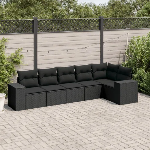 Conjunto Sofás de Jardim c/ Almofadões Vime PE Preto (6 pcs)