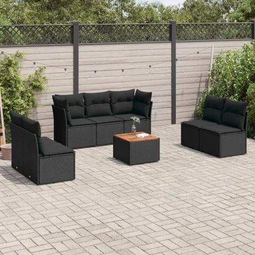 Conjunto Sofás de Jardim com Almofadões Vime PE Preto (8 pcs)