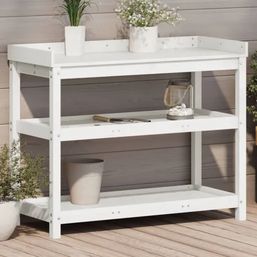 Mesa de Jardinagem com Prateleiras Madeira Pinho Maciça Branco