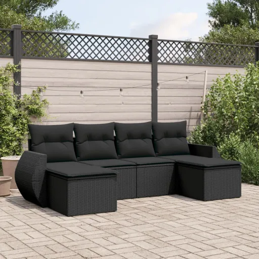 Conjunto Sofás de Jardim c/ Almofadões Vime PE Preto (6 pcs)