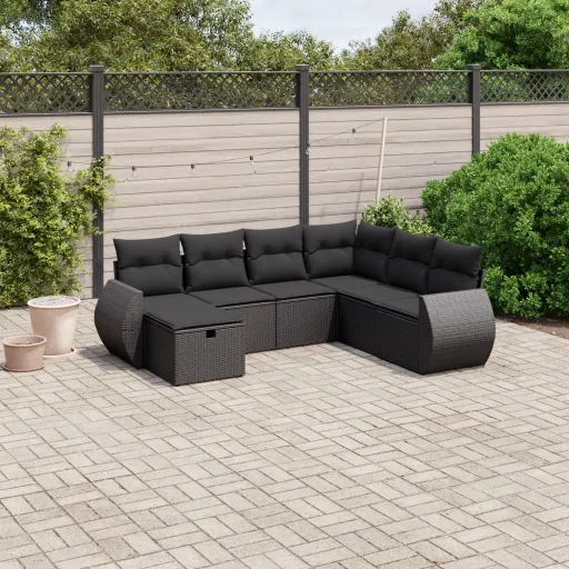 Conjunto de Sofás p/ Jardim c/ Almofadões Vime PE Preto (7 pcs)